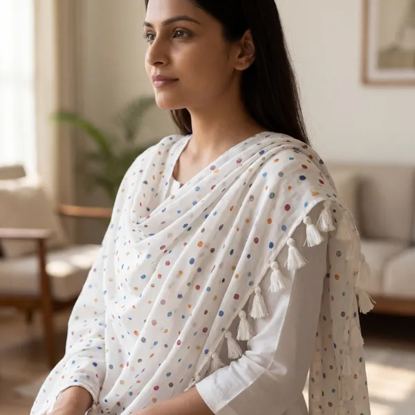 Stylish_Daily_Wear_White_Bindi_Printed_Dupatta_With_tassal
