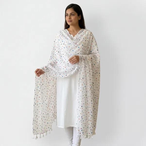 Stylish_Daily_Wear_White_Bindi_Printed_Dupatta_With_tassal
