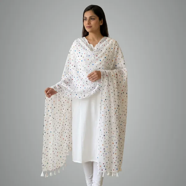 Stylish_Daily_Wear_White_Bindi_Printed_Dupatta_With_tassal