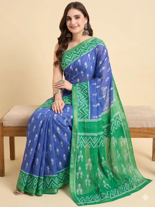 Kaheri_Enterprise_-_Ikat_Print_Cotton_Silk_Saree_with_Contrast_Border_Blue