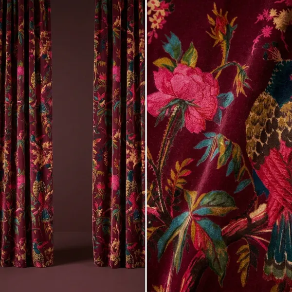 Wine_Red_Cotton_Velvet_Curtains:_Floral_Bird_Print_Boho_Drapes