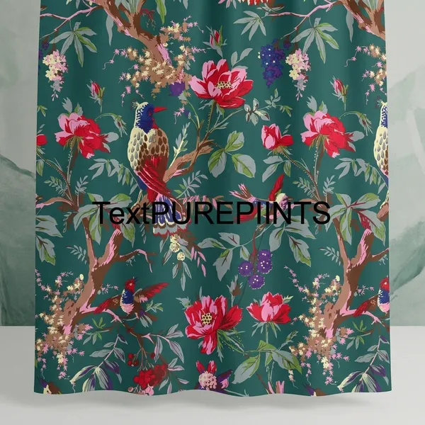 Tropical_Bird_Of_Paradise_Curtains:_Teal_Blue_Boho_Cotton_Drapes