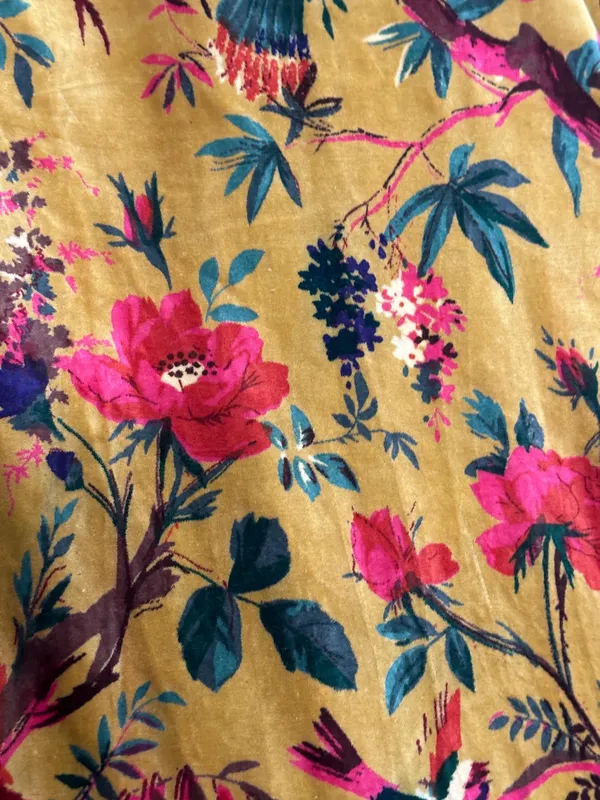 Vintage_Style_Velvet_Curtain:_Golden_Mustard_Bird_Of_Paradise_Print