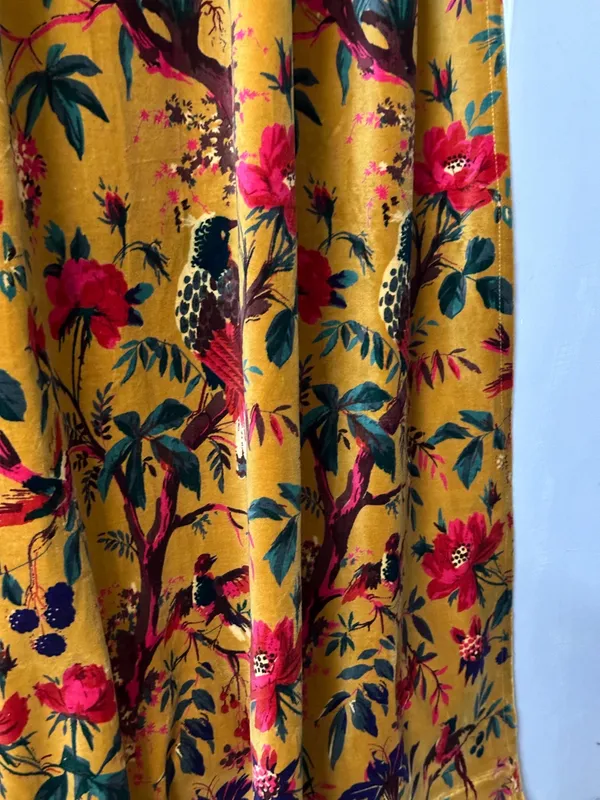 Vintage_Style_Velvet_Curtain:_Golden_Mustard_Bird_Of_Paradise_Print