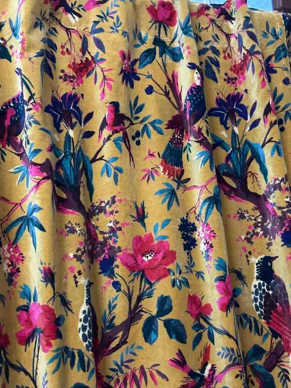 Vintage_Style_Velvet_Curtain:_Golden_Mustard_Bird_Of_Paradise_Print