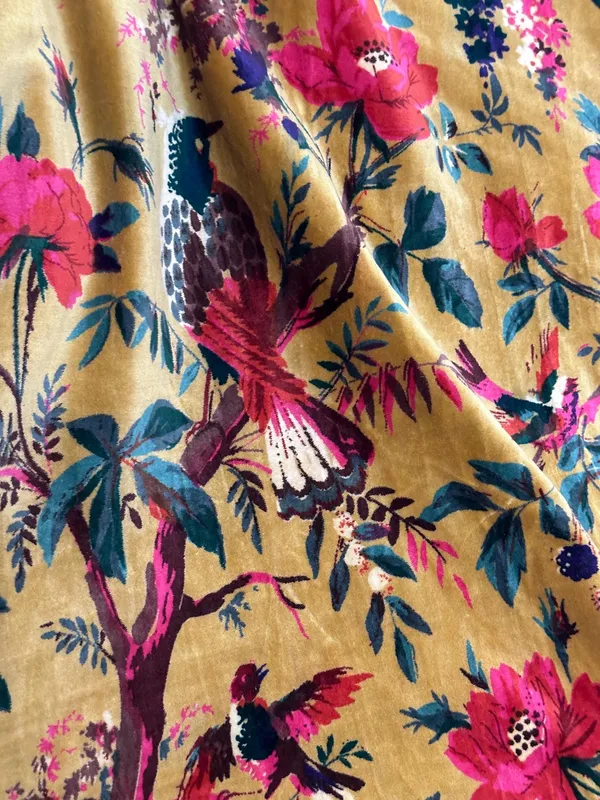 Vintage_Style_Velvet_Curtain:_Golden_Mustard_Bird_Of_Paradise_Print