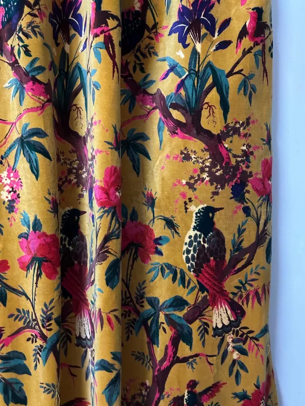 Vintage_Style_Velvet_Curtain:_Golden_Mustard_Bird_Of_Paradise_Print