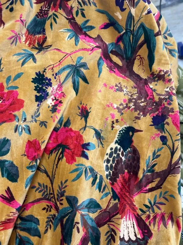 Vintage_Style_Velvet_Curtain:_Golden_Mustard_Bird_Of_Paradise_Print