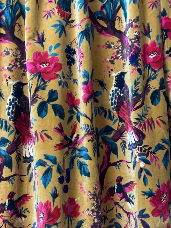 Vintage_Style_Velvet_Curtain:_Golden_Mustard_Bird_Of_Paradise_Print