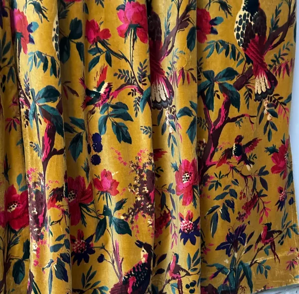 Vintage_Style_Velvet_Curtain:_Golden_Mustard_Bird_Of_Paradise_Print