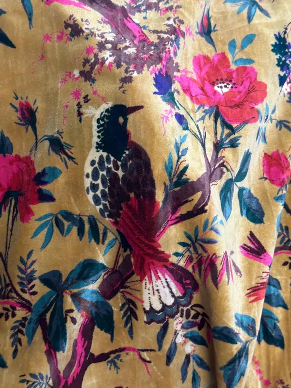 Vintage_Style_Velvet_Curtain:_Golden_Mustard_Bird_Of_Paradise_Print