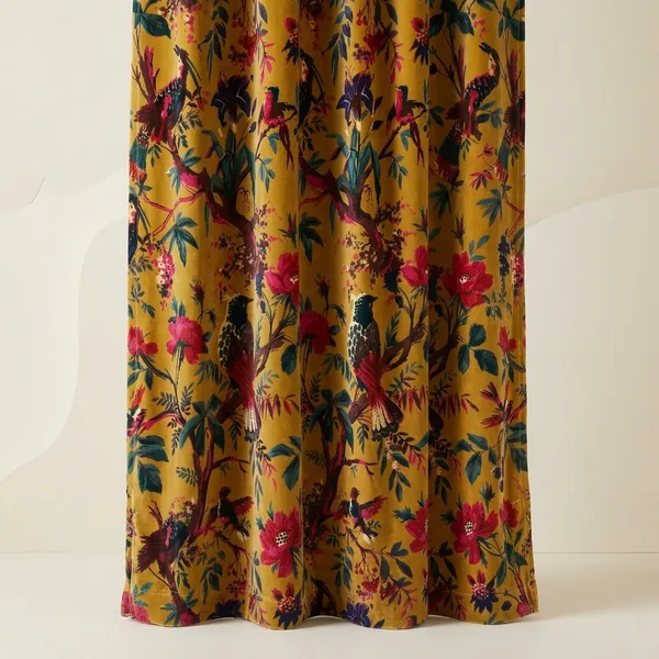 Vintage_Style_Velvet_Curtain:_Golden_Mustard_Bird_Of_Paradise_Print