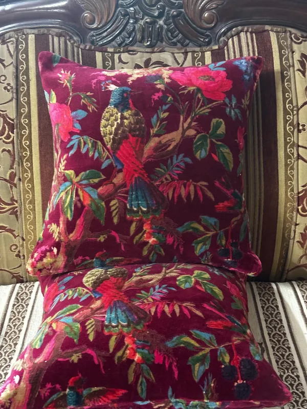Wine_Red_Velvet_Pillow_Cover,_Bird_Print,_Custom_Size