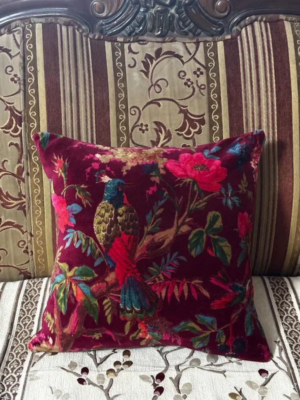 Wine_Red_Velvet_Pillow_Cover,_Bird_Print,_Custom_Size