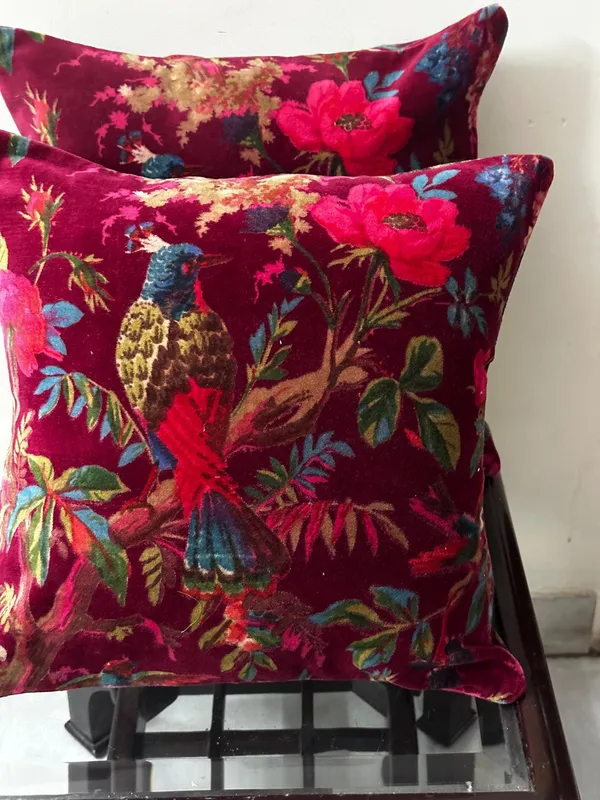 Wine_Red_Velvet_Pillow_Cover,_Bird_Print,_Custom_Size