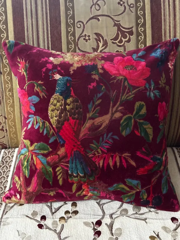 Wine_Red_Velvet_Pillow_Cover,_Bird_Print,_Custom_Size