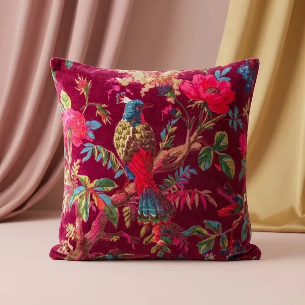 Wine_Red_Velvet_Pillow_Cover,_Bird_Print,_Custom_Size