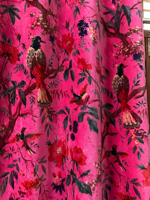 Hot_Pink_Velvet_Curtain:_Bird_Print_Boho_Drapes