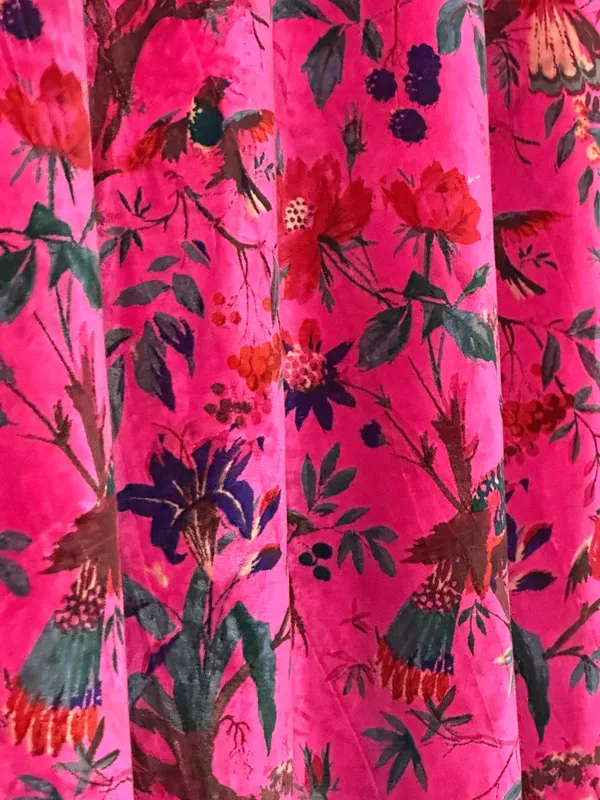 Hot_Pink_Velvet_Curtain:_Bird_Print_Boho_Drapes