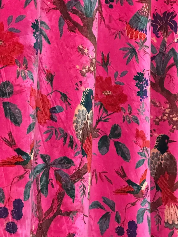 Hot_Pink_Velvet_Curtain:_Bird_Print_Boho_Drapes