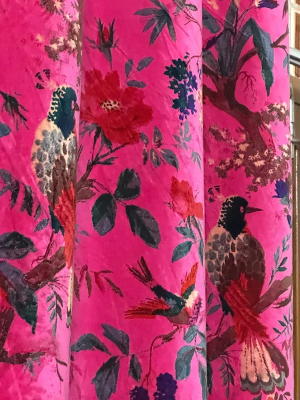 Hot_Pink_Velvet_Curtain:_Bird_Print_Boho_Drapes