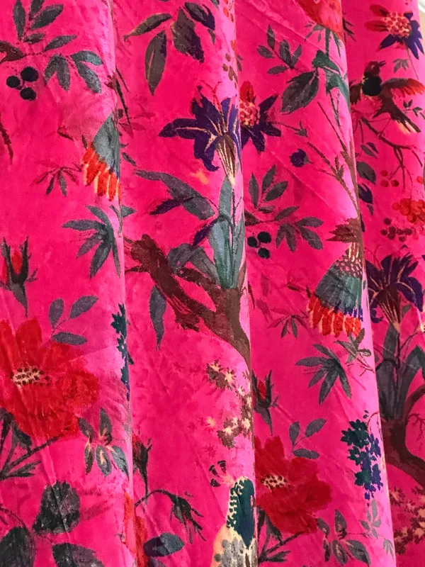 Hot_Pink_Velvet_Curtain:_Bird_Print_Boho_Drapes