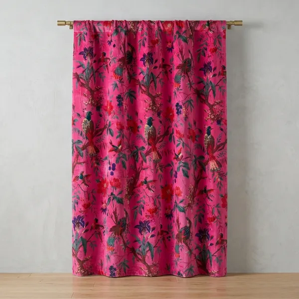 Hot_Pink_Velvet_Curtain:_Bird_Print_Boho_Drapes