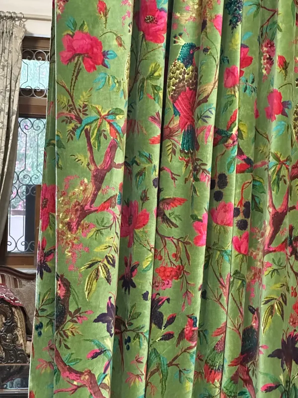 Handmade_Olive_Bird_Print_Cotton_Velvet_Curtains_|_Luxury_Custom_Drapery