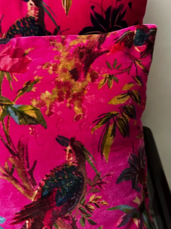 Velvet_Pillow_Cover_With_Bird_Of_Paradise_Colorful_Pattern,_Hot_Pink_Color_Colorful_Decor.