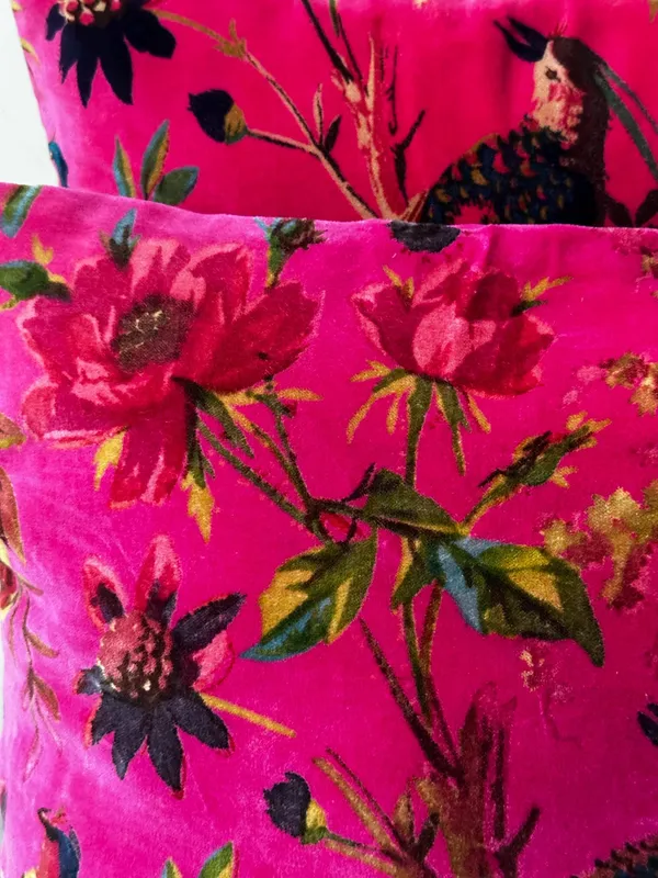 Velvet_Pillow_Cover_With_Bird_Of_Paradise_Colorful_Pattern,_Hot_Pink_Color_Colorful_Decor.