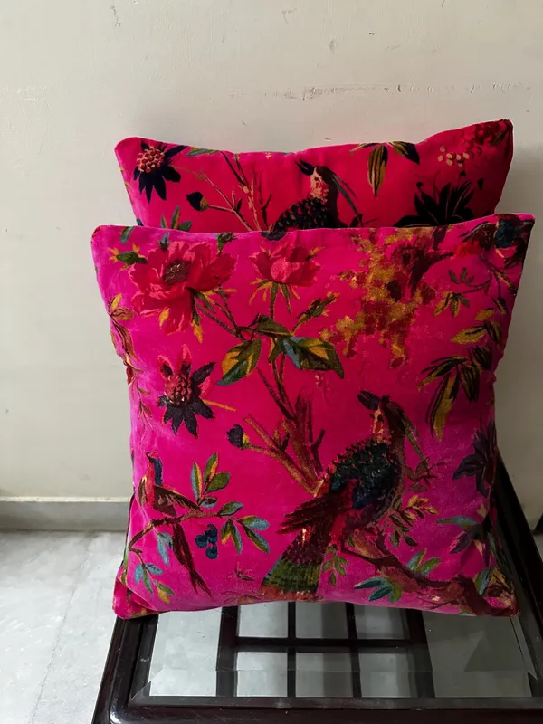 Velvet_Pillow_Cover_With_Bird_Of_Paradise_Colorful_Pattern,_Hot_Pink_Color_Colorful_Decor.