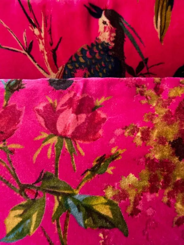 Velvet_Pillow_Cover_With_Bird_Of_Paradise_Colorful_Pattern,_Hot_Pink_Color_Colorful_Decor.