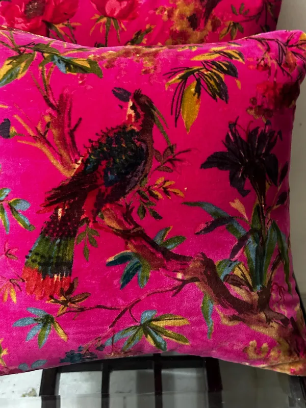 Velvet_Pillow_Cover_With_Bird_Of_Paradise_Colorful_Pattern,_Hot_Pink_Color_Colorful_Decor.