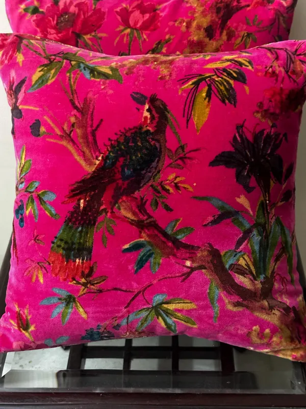 Velvet_Pillow_Cover_With_Bird_Of_Paradise_Colorful_Pattern,_Hot_Pink_Color_Colorful_Decor.