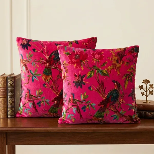 Velvet_Pillow_Cover_With_Bird_Of_Paradise_Colorful_Pattern,_Hot_Pink_Color_Colorful_Decor.