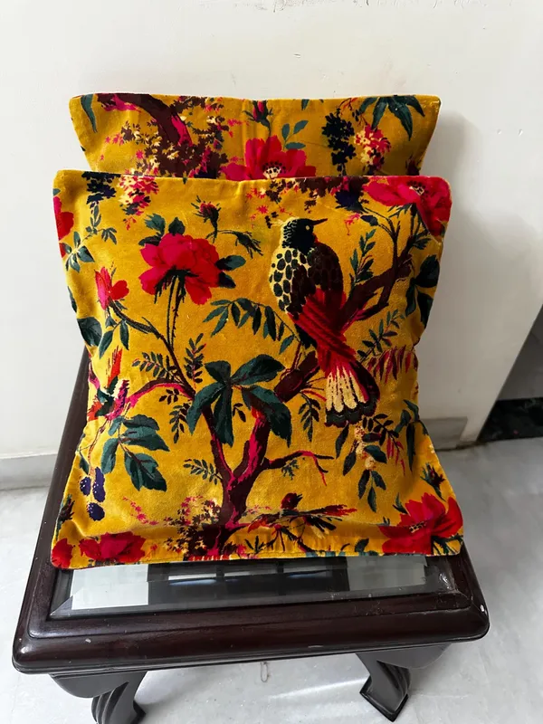 Velvet_Pillow_Cover_Bird_Print_In_Mustard_Color_,_Can_Be_Custmized_In_Required_Size_.