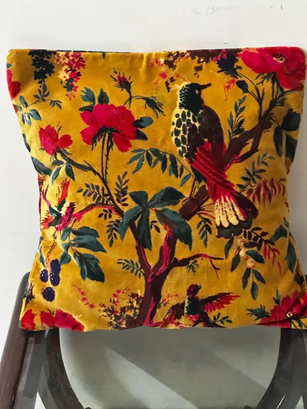 Velvet_Pillow_Cover_Bird_Print_In_Mustard_Color_,_Can_Be_Custmized_In_Required_Size_.