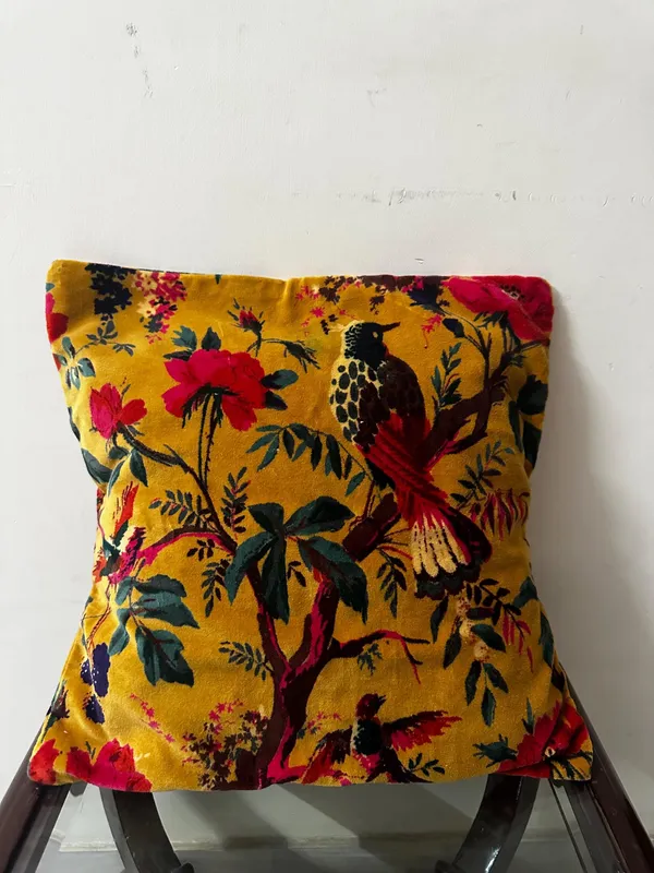 Velvet_Pillow_Cover_Bird_Print_In_Mustard_Color_,_Can_Be_Custmized_In_Required_Size_.