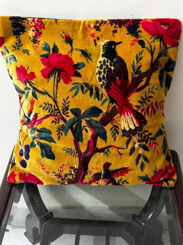 Velvet_Pillow_Cover_Bird_Print_In_Mustard_Color_,_Can_Be_Custmized_In_Required_Size_.