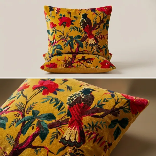 Velvet_Pillow_Cover_Bird_Print_In_Mustard_Color_,_Can_Be_Custmized_In_Required_Size_.
