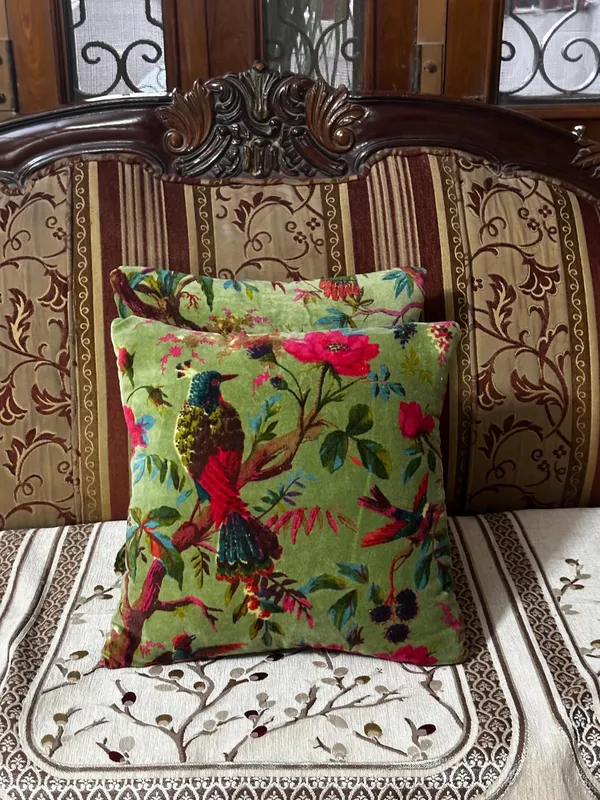 Velvet_Pillow_Cover_With_Bird_Of_Paradise_Colorful_Pattern,_Olive_Green_Color_Colorful_Decor.