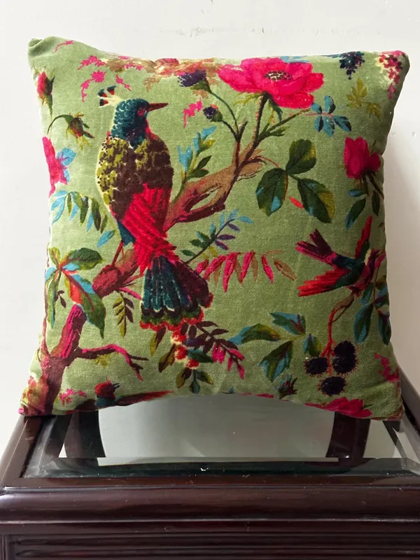 Velvet_Pillow_Cover_With_Bird_Of_Paradise_Colorful_Pattern,_Olive_Green_Color_Colorful_Decor.