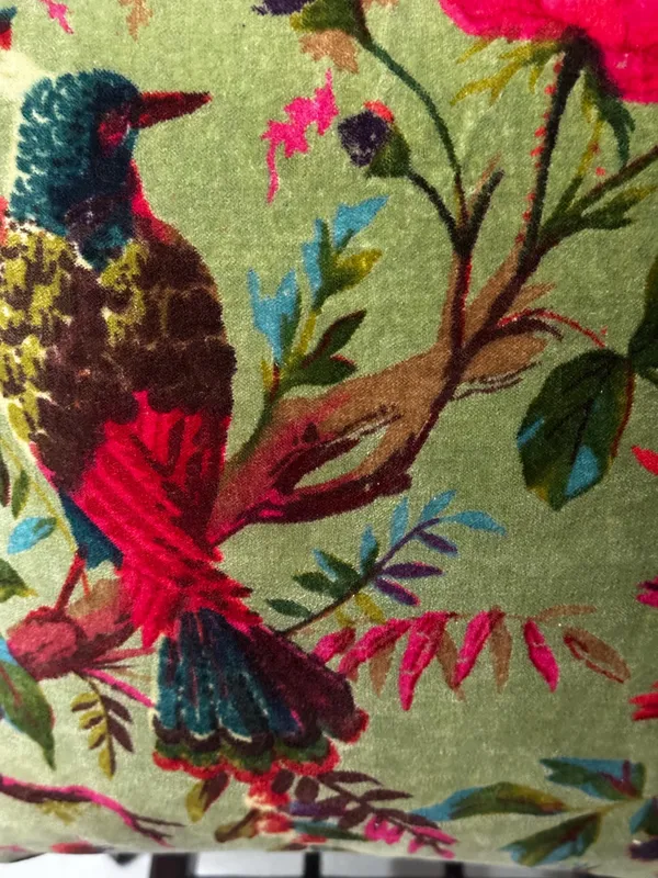 Velvet_Pillow_Cover_With_Bird_Of_Paradise_Colorful_Pattern,_Olive_Green_Color_Colorful_Decor.