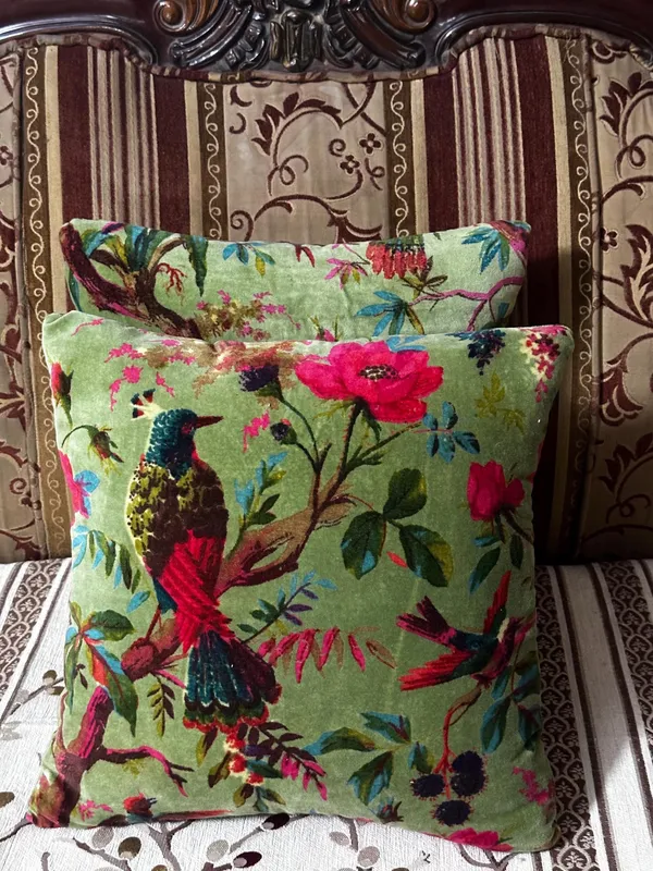 Velvet_Pillow_Cover_With_Bird_Of_Paradise_Colorful_Pattern,_Olive_Green_Color_Colorful_Decor.