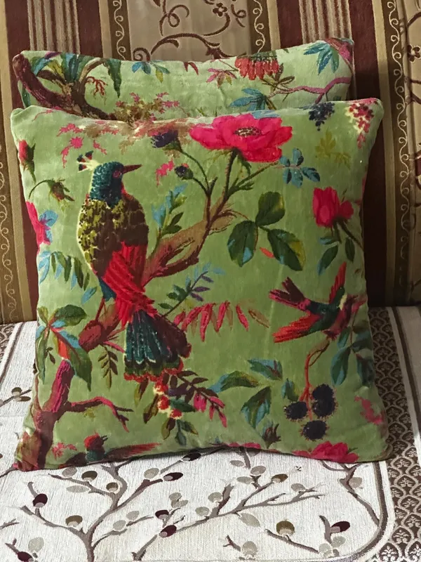 Velvet_Pillow_Cover_With_Bird_Of_Paradise_Colorful_Pattern,_Olive_Green_Color_Colorful_Decor.