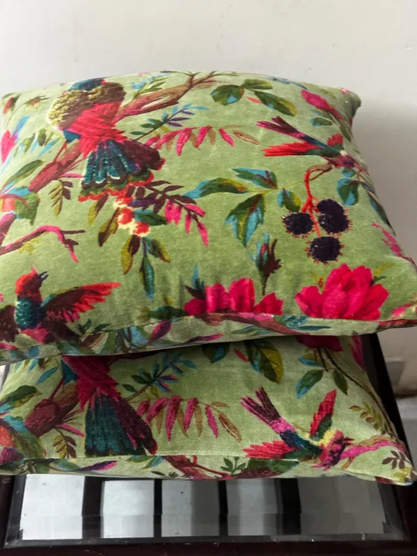 Velvet_Pillow_Cover_With_Bird_Of_Paradise_Colorful_Pattern,_Olive_Green_Color_Colorful_Decor.