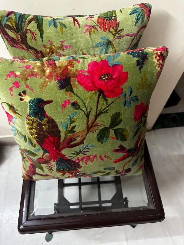 Velvet_Pillow_Cover_With_Bird_Of_Paradise_Colorful_Pattern,_Olive_Green_Color_Colorful_Decor.