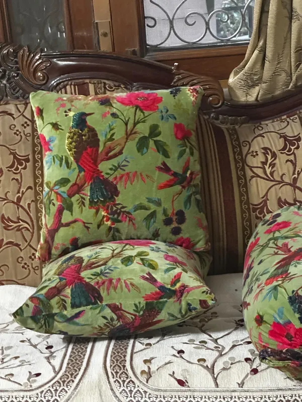 Velvet_Pillow_Cover_With_Bird_Of_Paradise_Colorful_Pattern,_Olive_Green_Color_Colorful_Decor.