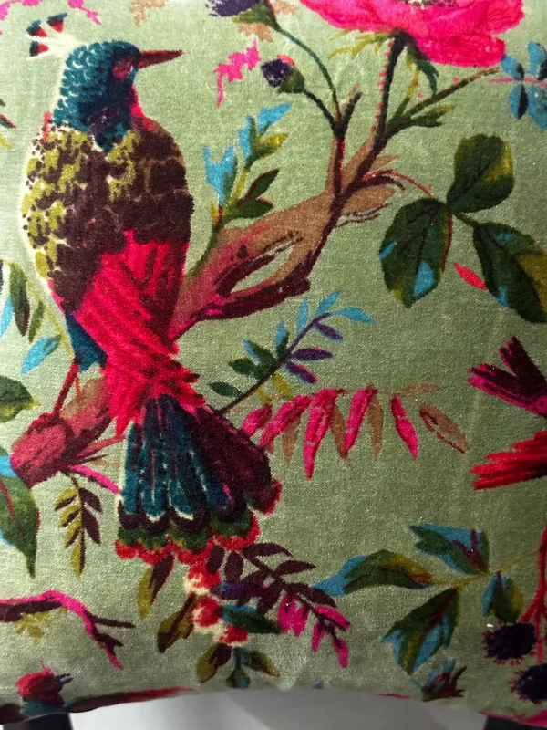 Velvet_Pillow_Cover_With_Bird_Of_Paradise_Colorful_Pattern,_Olive_Green_Color_Colorful_Decor.