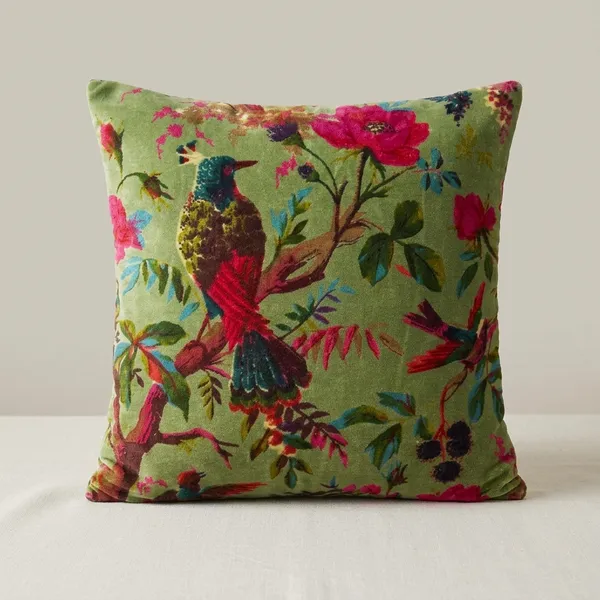 Velvet_Pillow_Cover_With_Bird_Of_Paradise_Colorful_Pattern,_Olive_Green_Color_Colorful_Decor.